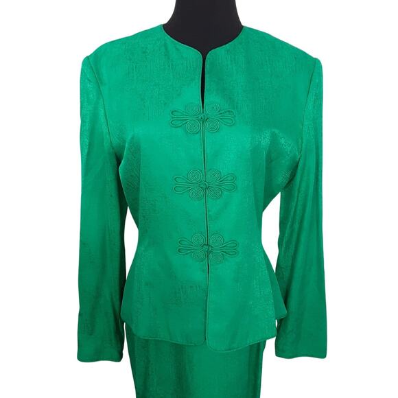 Vintage 80s Secretary Skirt Suit 100% Silk Toggle Front Blazer Set Womens 8 Teal - Picture 2 of 13